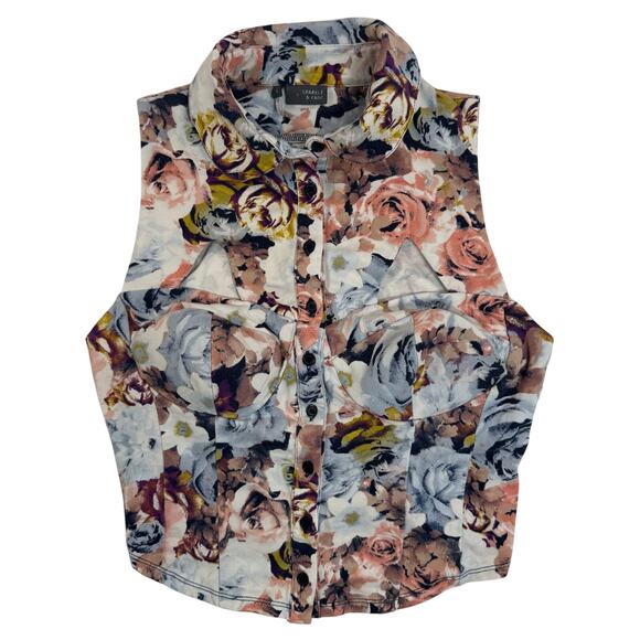 Sparkle & Fade Floral Tank Top Small Collared Button Down Cut Out Padded - Picture 1 of 8